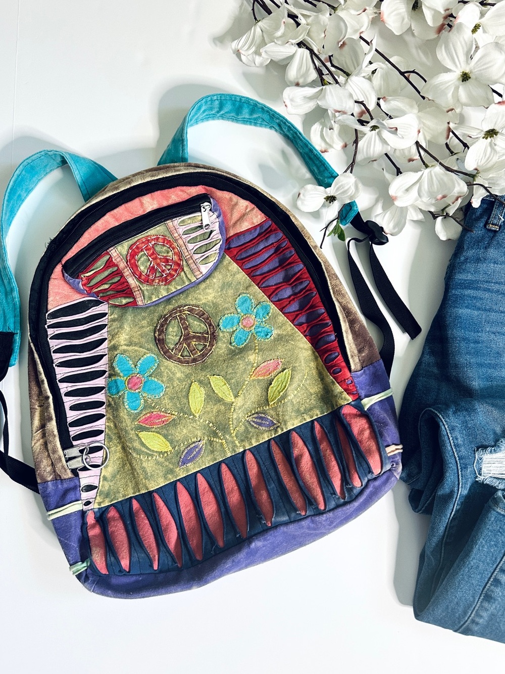 Rising International Y2K Vintage Boho Patchwork Peace Sign Backpack